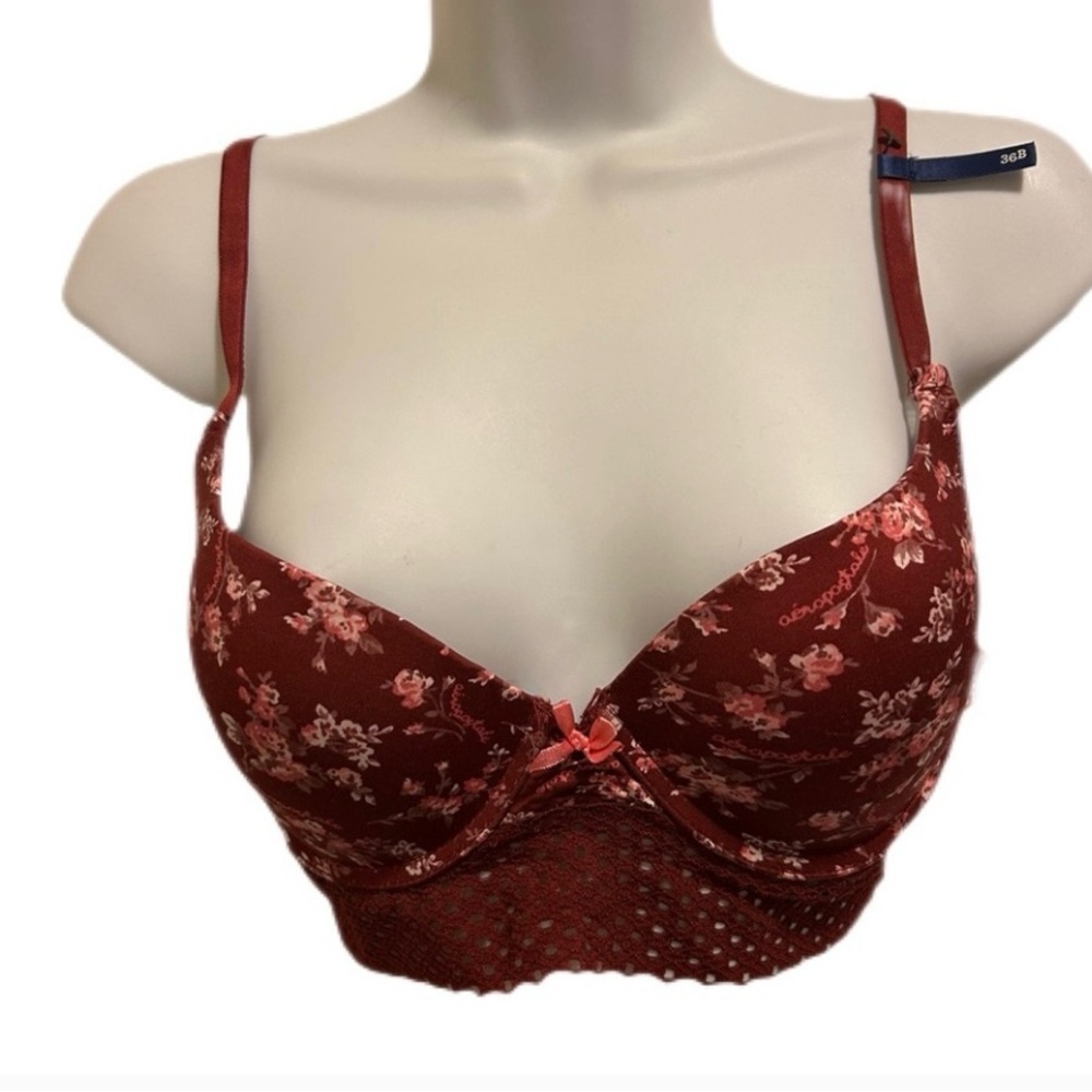 💜36B Aeropostale Padded Push up Burgundy Floral Lace Bra